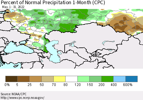 Russian Federation Percent of Normal Precipitation 1-Month (CPC) Thematic Map For 5/1/2022 - 5/31/2022