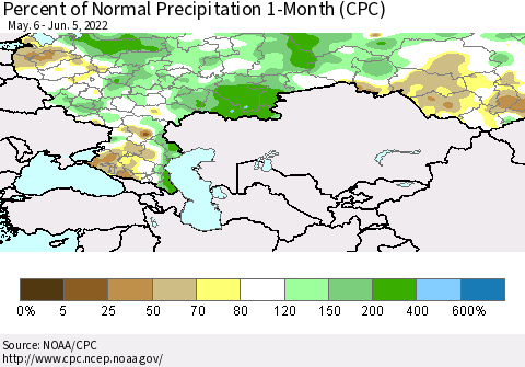 Russian Federation Percent of Normal Precipitation 1-Month (CPC) Thematic Map For 5/6/2022 - 6/5/2022