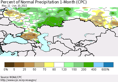 Russian Federation Percent of Normal Precipitation 1-Month (CPC) Thematic Map For 5/11/2022 - 6/10/2022