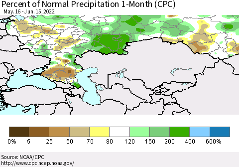 Russian Federation Percent of Normal Precipitation 1-Month (CPC) Thematic Map For 5/16/2022 - 6/15/2022