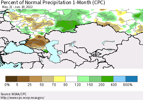 Russian Federation Percent of Normal Precipitation 1-Month (CPC) Thematic Map For 5/21/2022 - 6/20/2022