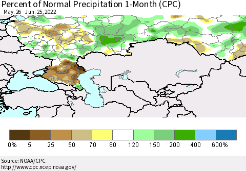 Russian Federation Percent of Normal Precipitation 1-Month (CPC) Thematic Map For 5/26/2022 - 6/25/2022