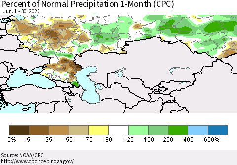 Russian Federation Percent of Normal Precipitation 1-Month (CPC) Thematic Map For 6/1/2022 - 6/30/2022