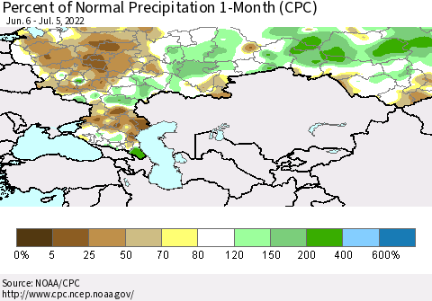 Russian Federation Percent of Normal Precipitation 1-Month (CPC) Thematic Map For 6/6/2022 - 7/5/2022
