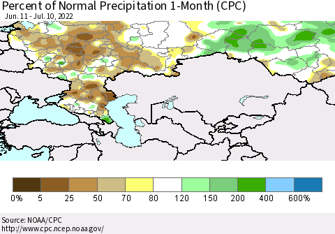 Russian Federation Percent of Normal Precipitation 1-Month (CPC) Thematic Map For 6/11/2022 - 7/10/2022