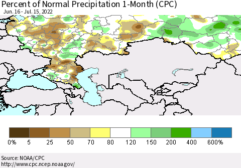 Russian Federation Percent of Normal Precipitation 1-Month (CPC) Thematic Map For 6/16/2022 - 7/15/2022