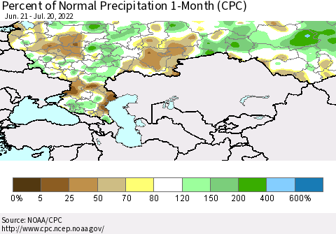 Russian Federation Percent of Normal Precipitation 1-Month (CPC) Thematic Map For 6/21/2022 - 7/20/2022