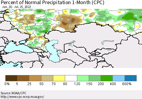 Russian Federation Percent of Normal Precipitation 1-Month (CPC) Thematic Map For 6/26/2022 - 7/25/2022