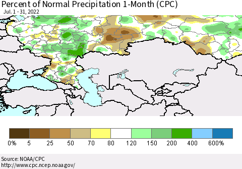 Russian Federation Percent of Normal Precipitation 1-Month (CPC) Thematic Map For 7/1/2022 - 7/31/2022