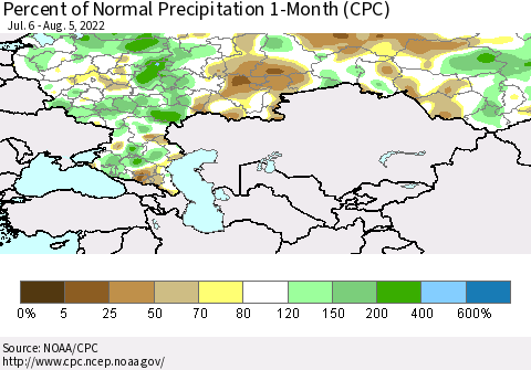 Russian Federation Percent of Normal Precipitation 1-Month (CPC) Thematic Map For 7/6/2022 - 8/5/2022