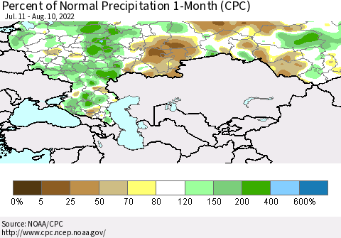 Russian Federation Percent of Normal Precipitation 1-Month (CPC) Thematic Map For 7/11/2022 - 8/10/2022