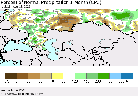 Russian Federation Percent of Normal Precipitation 1-Month (CPC) Thematic Map For 7/16/2022 - 8/15/2022