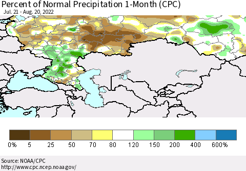 Russian Federation Percent of Normal Precipitation 1-Month (CPC) Thematic Map For 7/21/2022 - 8/20/2022