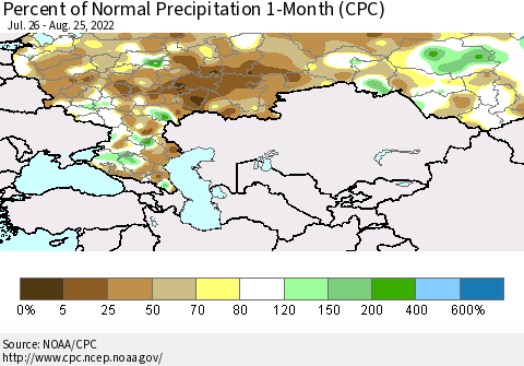 Russian Federation Percent of Normal Precipitation 1-Month (CPC) Thematic Map For 7/26/2022 - 8/25/2022