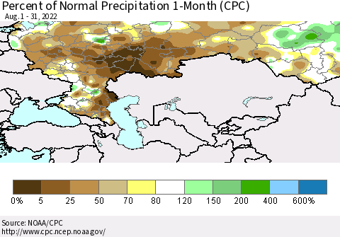 Russian Federation Percent of Normal Precipitation 1-Month (CPC) Thematic Map For 8/1/2022 - 8/31/2022