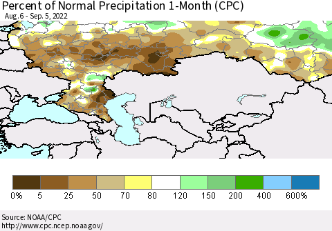 Russian Federation Percent of Normal Precipitation 1-Month (CPC) Thematic Map For 8/6/2022 - 9/5/2022