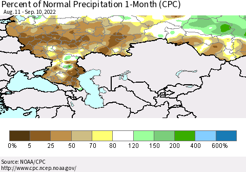 Russian Federation Percent of Normal Precipitation 1-Month (CPC) Thematic Map For 8/11/2022 - 9/10/2022