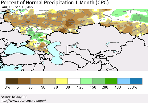 Russian Federation Percent of Normal Precipitation 1-Month (CPC) Thematic Map For 8/16/2022 - 9/15/2022