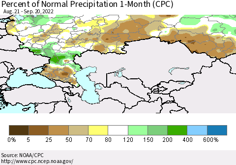 Russian Federation Percent of Normal Precipitation 1-Month (CPC) Thematic Map For 8/21/2022 - 9/20/2022