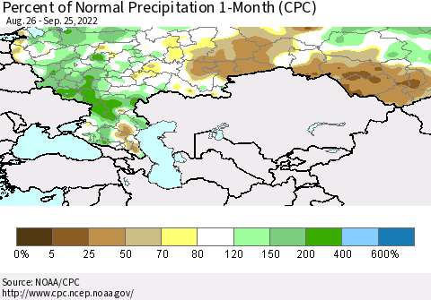 Russian Federation Percent of Normal Precipitation 1-Month (CPC) Thematic Map For 8/26/2022 - 9/25/2022