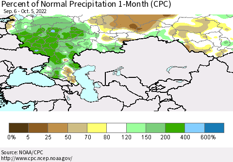 Russian Federation Percent of Normal Precipitation 1-Month (CPC) Thematic Map For 9/6/2022 - 10/5/2022