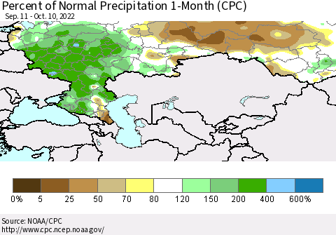 Russian Federation Percent of Normal Precipitation 1-Month (CPC) Thematic Map For 9/11/2022 - 10/10/2022