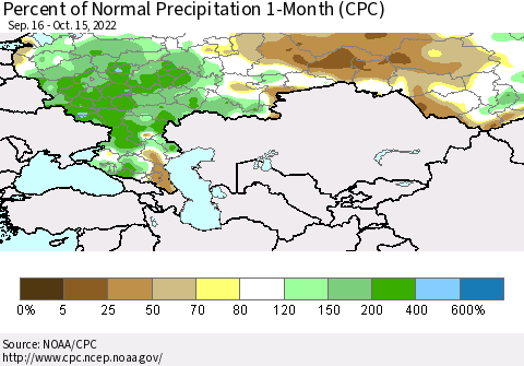Russian Federation Percent of Normal Precipitation 1-Month (CPC) Thematic Map For 9/16/2022 - 10/15/2022