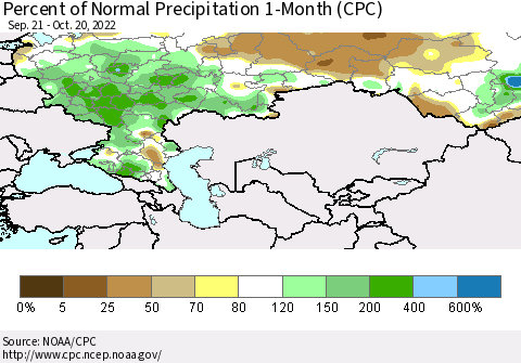Russian Federation Percent of Normal Precipitation 1-Month (CPC) Thematic Map For 9/21/2022 - 10/20/2022