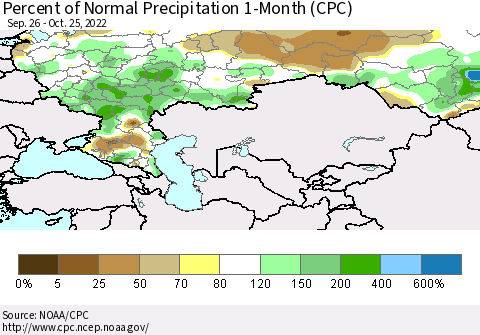 Russian Federation Percent of Normal Precipitation 1-Month (CPC) Thematic Map For 9/26/2022 - 10/25/2022