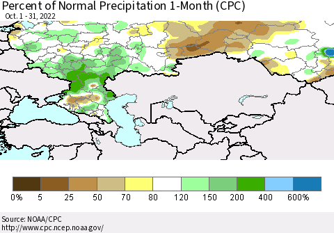 Russian Federation Percent of Normal Precipitation 1-Month (CPC) Thematic Map For 10/1/2022 - 10/31/2022