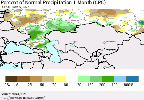 Russian Federation Percent of Normal Precipitation 1-Month (CPC) Thematic Map For 10/6/2022 - 11/5/2022