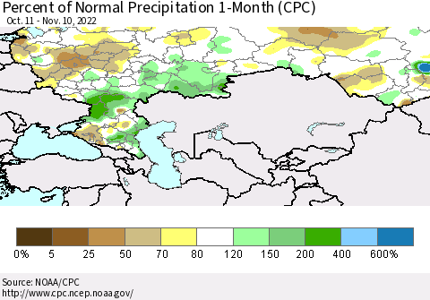 Russian Federation Percent of Normal Precipitation 1-Month (CPC) Thematic Map For 10/11/2022 - 11/10/2022
