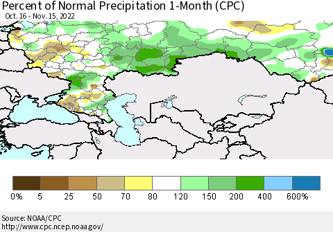 Russian Federation Percent of Normal Precipitation 1-Month (CPC) Thematic Map For 10/16/2022 - 11/15/2022