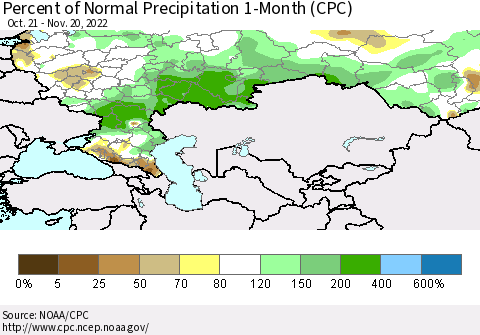 Russian Federation Percent of Normal Precipitation 1-Month (CPC) Thematic Map For 10/21/2022 - 11/20/2022