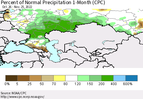 Russian Federation Percent of Normal Precipitation 1-Month (CPC) Thematic Map For 10/26/2022 - 11/25/2022