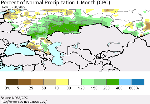 Russian Federation Percent of Normal Precipitation 1-Month (CPC) Thematic Map For 11/1/2022 - 11/30/2022