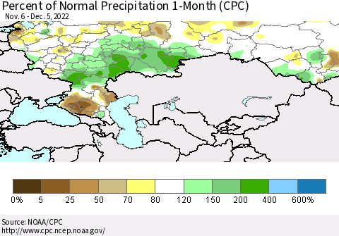 Russian Federation Percent of Normal Precipitation 1-Month (CPC) Thematic Map For 11/6/2022 - 12/5/2022