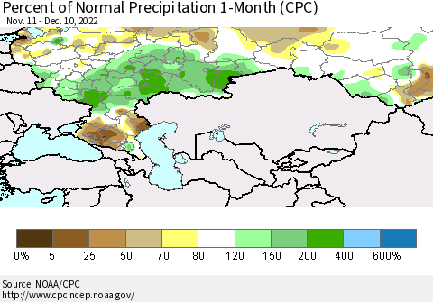 Russian Federation Percent of Normal Precipitation 1-Month (CPC) Thematic Map For 11/11/2022 - 12/10/2022