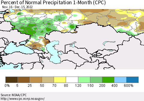 Russian Federation Percent of Normal Precipitation 1-Month (CPC) Thematic Map For 11/16/2022 - 12/15/2022