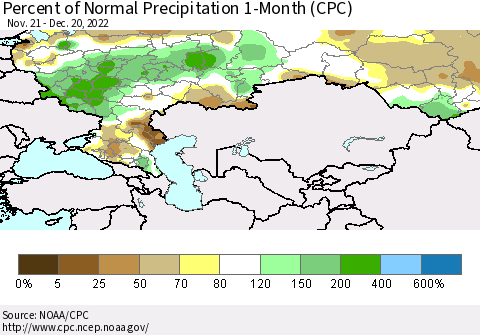 Russian Federation Percent of Normal Precipitation 1-Month (CPC) Thematic Map For 11/21/2022 - 12/20/2022
