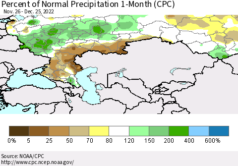 Russian Federation Percent of Normal Precipitation 1-Month (CPC) Thematic Map For 11/26/2022 - 12/25/2022