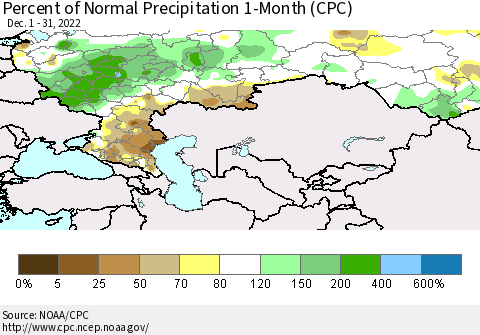 Russian Federation Percent of Normal Precipitation 1-Month (CPC) Thematic Map For 12/1/2022 - 12/31/2022