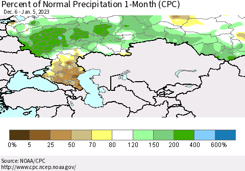 Russian Federation Percent of Normal Precipitation 1-Month (CPC) Thematic Map For 12/6/2022 - 1/5/2023