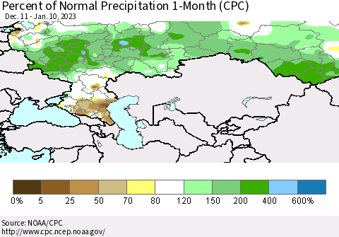 Russian Federation Percent of Normal Precipitation 1-Month (CPC) Thematic Map For 12/11/2022 - 1/10/2023