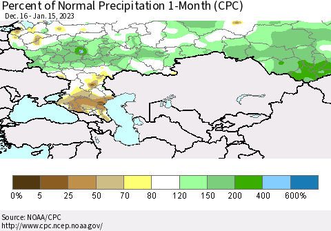 Russian Federation Percent of Normal Precipitation 1-Month (CPC) Thematic Map For 12/16/2022 - 1/15/2023