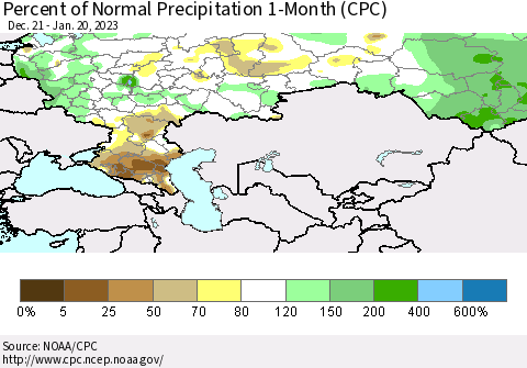 Russian Federation Percent of Normal Precipitation 1-Month (CPC) Thematic Map For 12/21/2022 - 1/20/2023