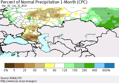 Russian Federation Percent of Normal Precipitation 1-Month (CPC) Thematic Map For 12/26/2022 - 1/25/2023