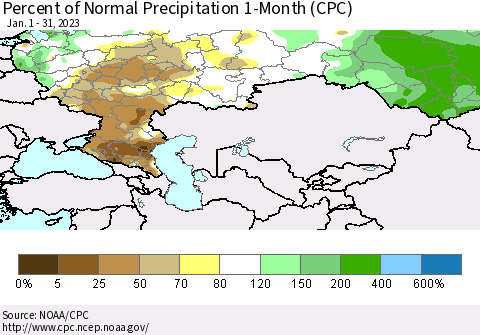 Russian Federation Percent of Normal Precipitation 1-Month (CPC) Thematic Map For 1/1/2023 - 1/31/2023