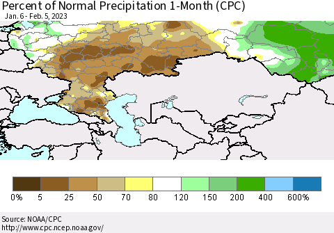 Russian Federation Percent of Normal Precipitation 1-Month (CPC) Thematic Map For 1/6/2023 - 2/5/2023