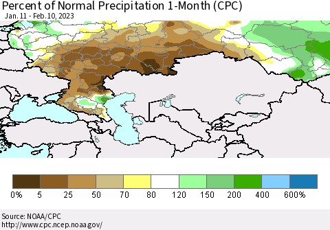 Russian Federation Percent of Normal Precipitation 1-Month (CPC) Thematic Map For 1/11/2023 - 2/10/2023